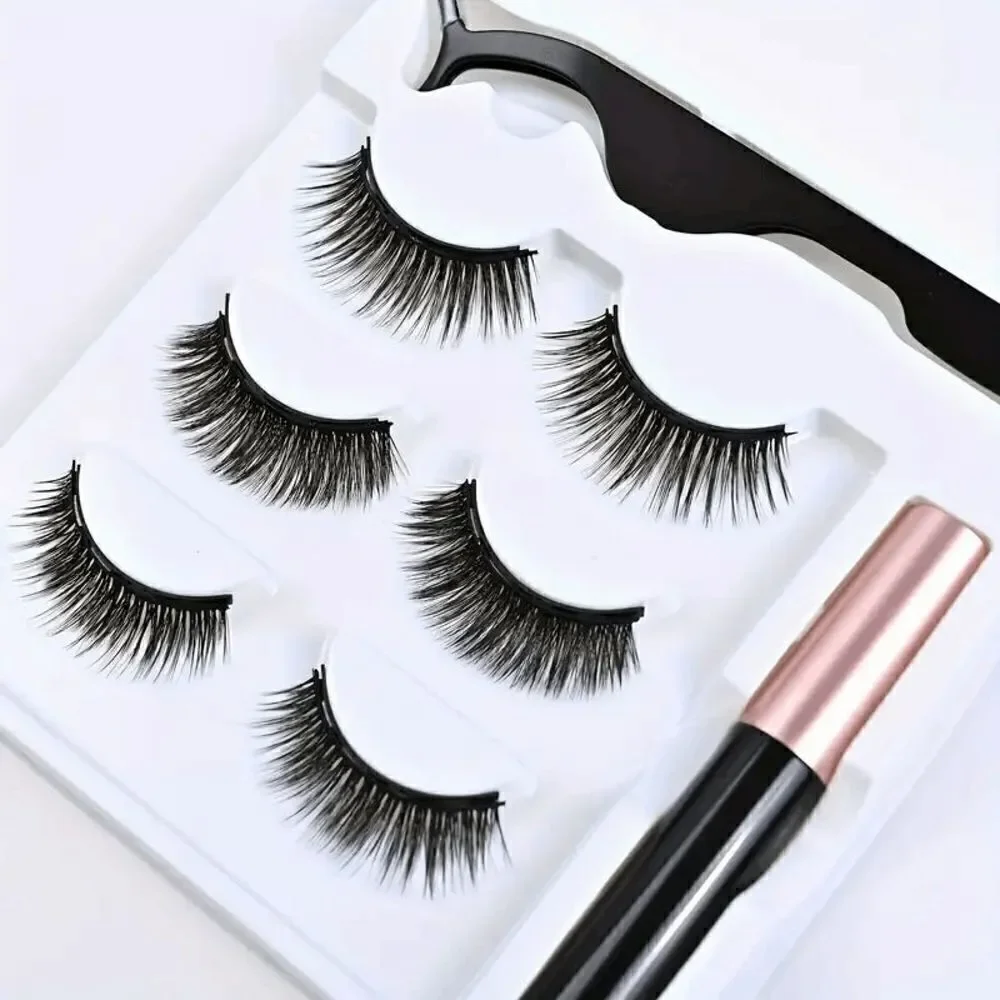 Magnetic Reusable False Eyelashes With Eyeliner And Tweezers - 3 Pairs